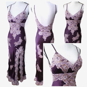 Vtg CACHE Gown 4 Purple Silk Pink Lace openback Empire Fairygoth Whimsigoth RARE